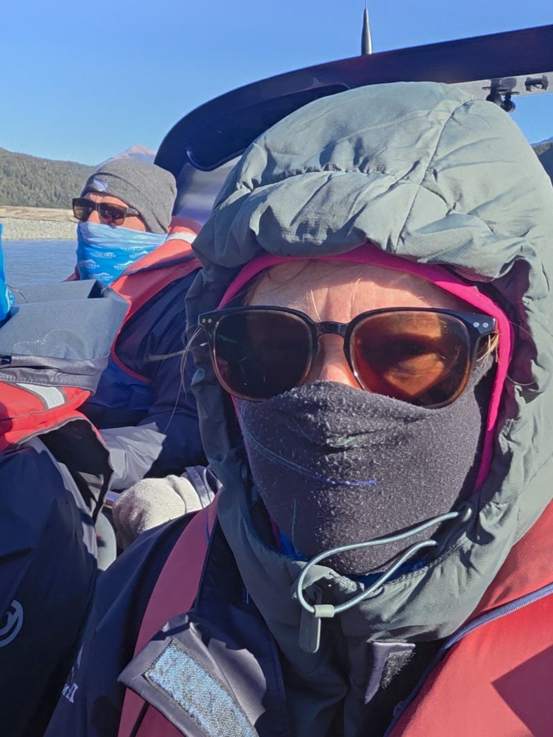 All rugged up for the Dart River jetboat trip in winter